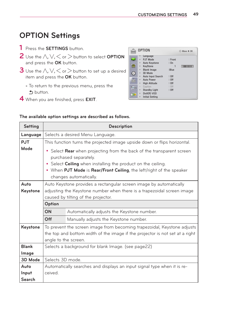 Option settings | LG PB60G User Manual | Page 49 / 59