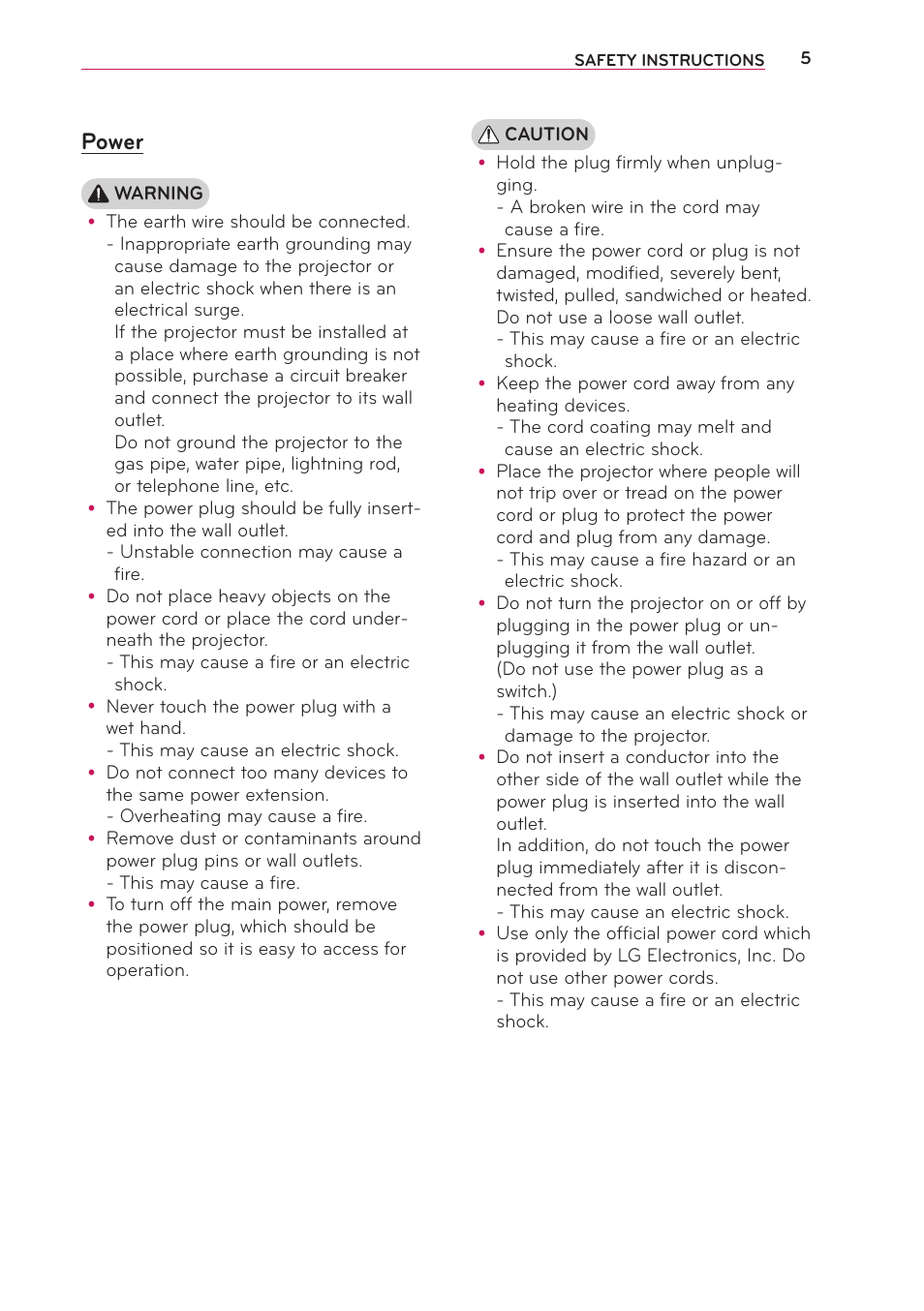 Power | LG PB60G User Manual | Page 5 / 59