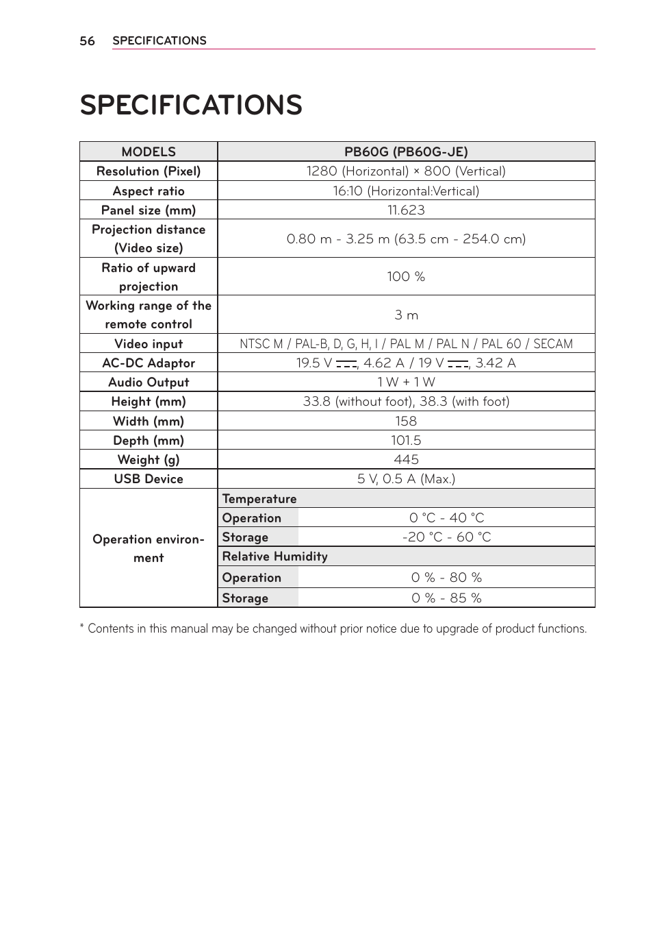 Specifications | LG PB60G User Manual | Page 56 / 59