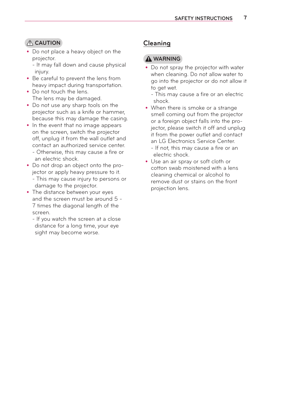 Cleaning | LG PB60G User Manual | Page 7 / 59