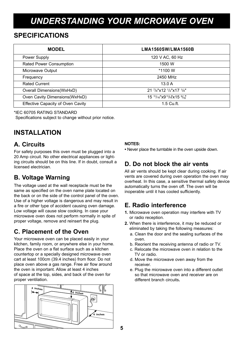 Understanding your microwave oven, Specifications, Installation | A. circuits, B. voltage warning, C. placement of the oven, D. do not block the air vents, E. radio interference | LG LMA1560SB User Manual | Page 5 / 25