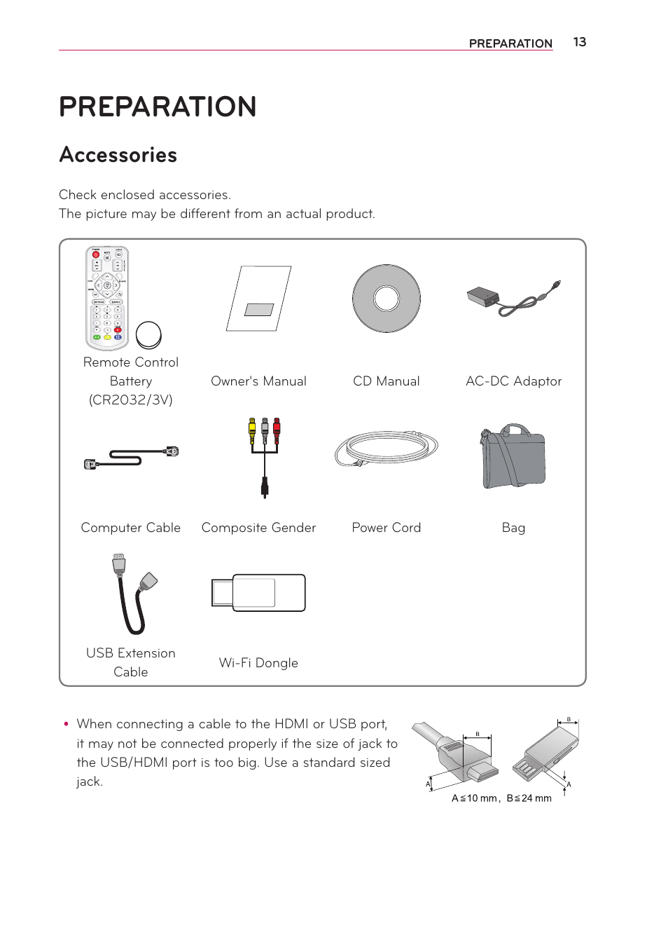 Preparation, Accessories | LG PB63U User Manual | Page 13 / 68