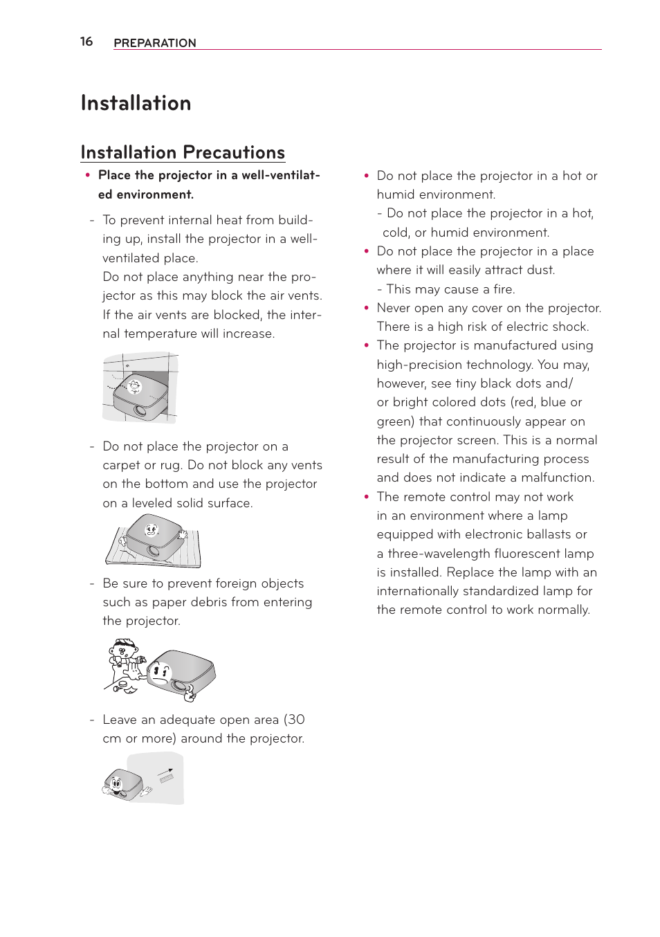 Installation, Installation precautions | LG PB63U User Manual | Page 16 / 68