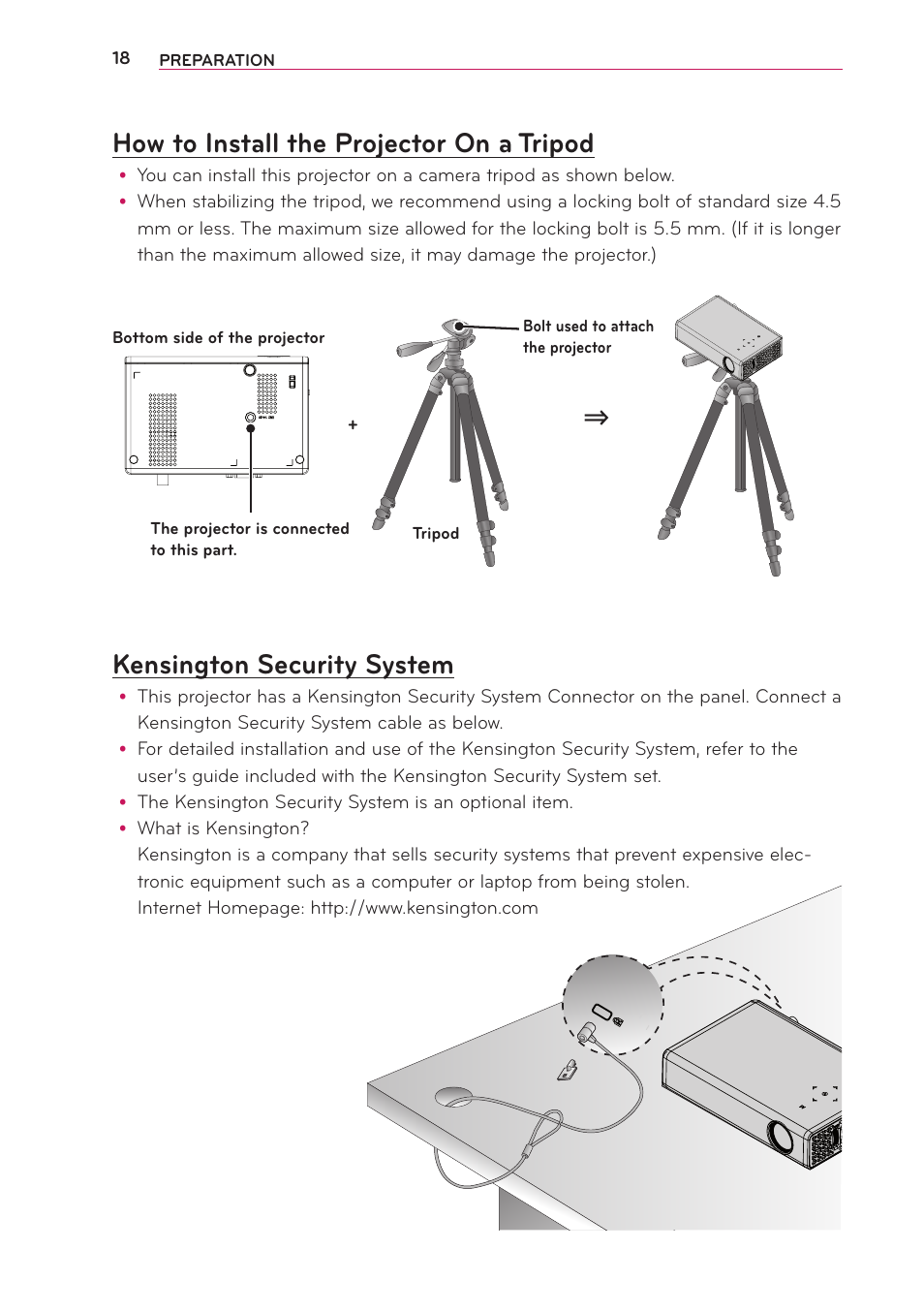 How to install the projector on a tripod, Kensington security system, How to install the projector on a | Tripod | LG PB63U User Manual | Page 18 / 68