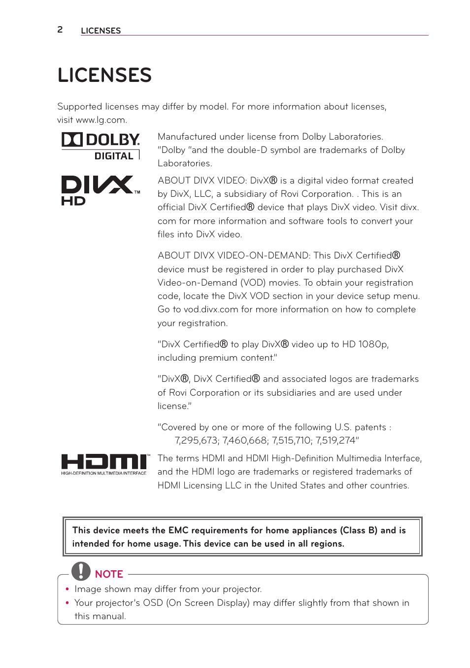 Licenses | LG PB63U User Manual | Page 2 / 68