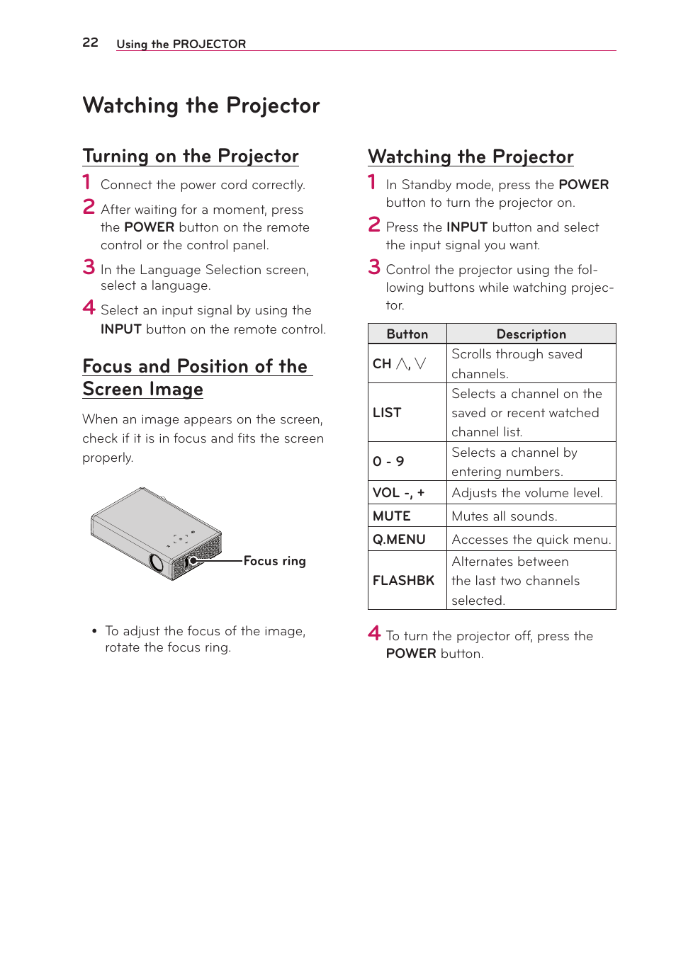 Watching the projector, Turning on the projector, Focus and position of the screen image | Focus and position of the screen, Image | LG PB63U User Manual | Page 22 / 68