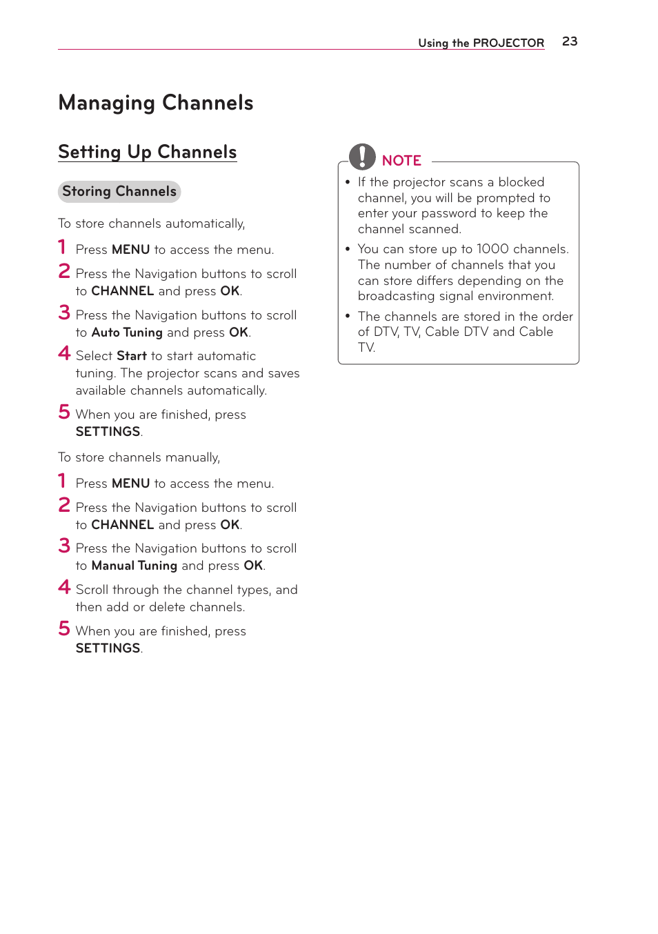 Managing channels, Setting up channels | LG PB63U User Manual | Page 23 / 68