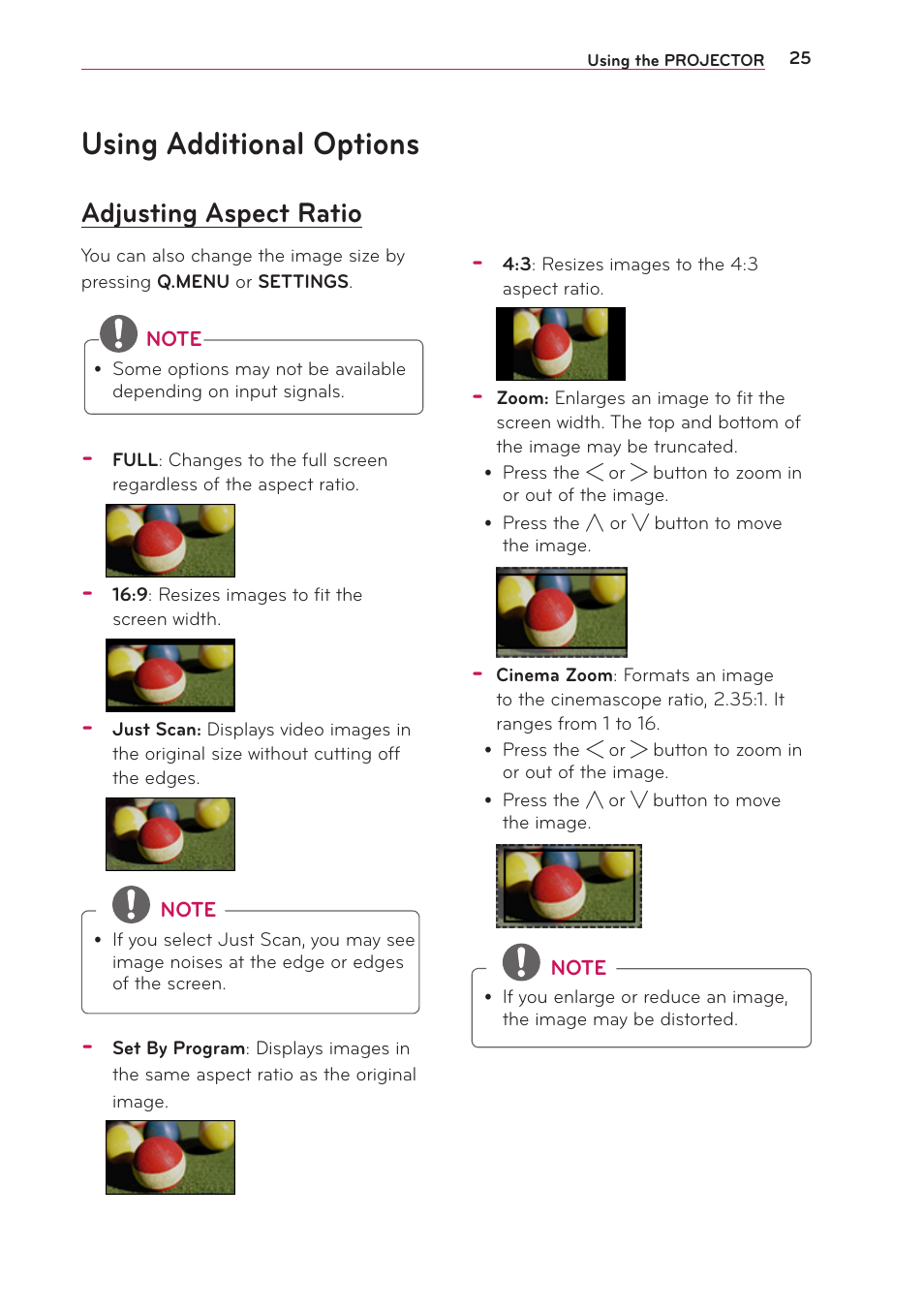 Using additional options, Adjusting aspect ratio | LG PB63U User Manual | Page 25 / 68