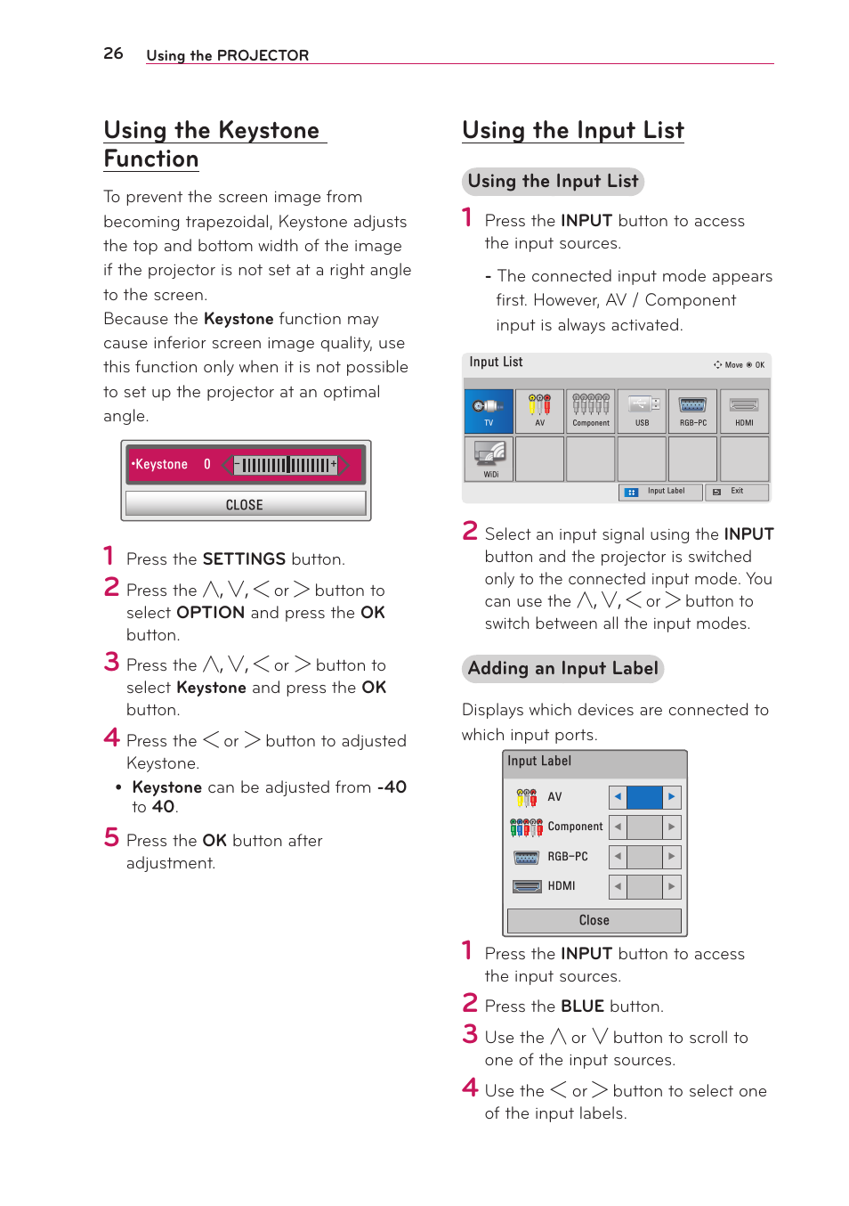 Using the keystone function, Using the input list | LG PB63U User Manual | Page 26 / 68