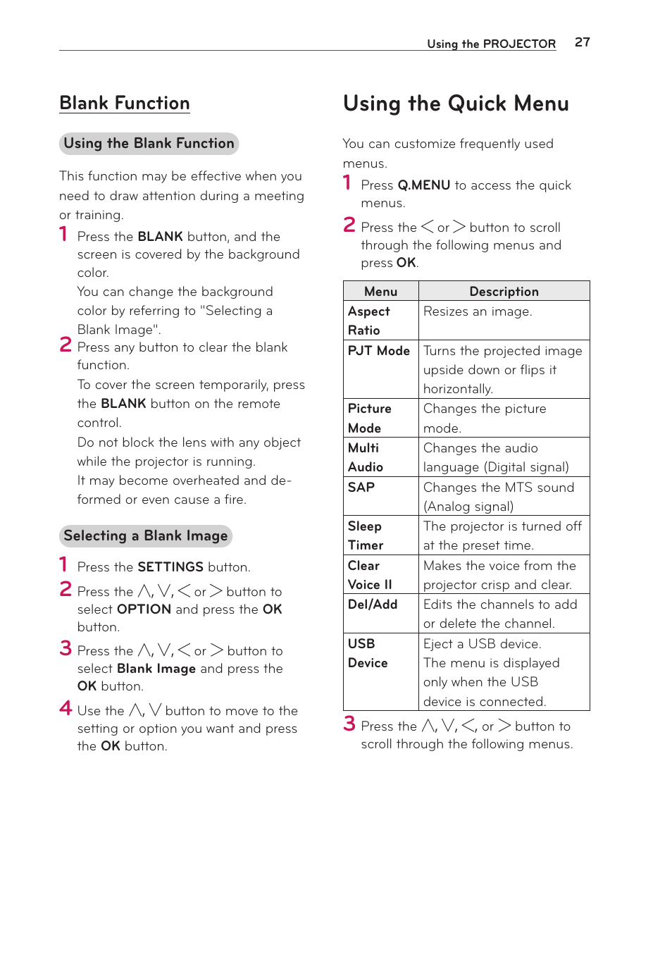 Blank function, Using the quick menu | LG PB63U User Manual | Page 27 / 68