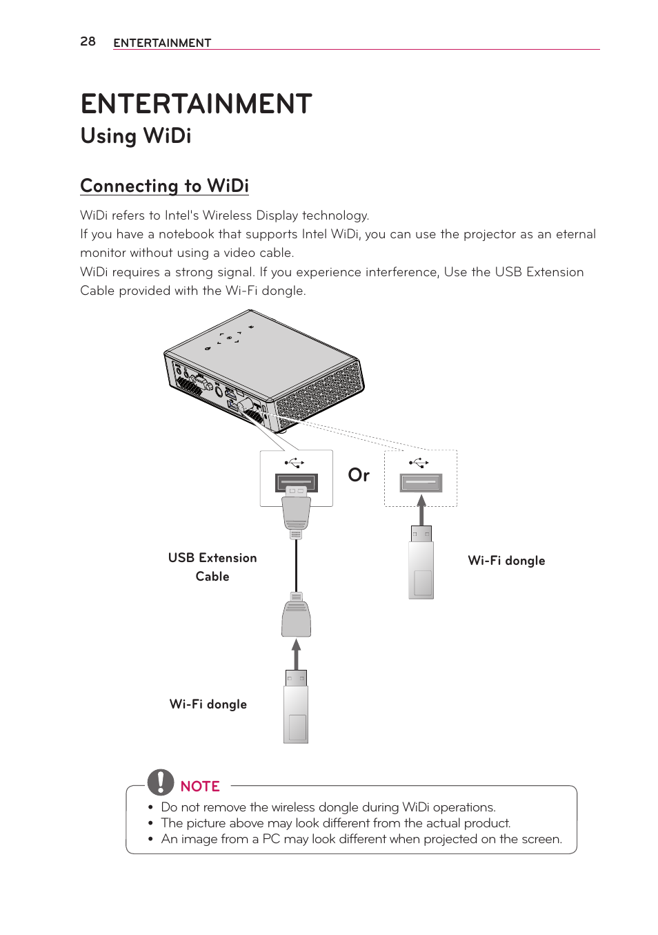 Entertainment, Using widi, Connecting to widi | LG PB63U User Manual | Page 28 / 68