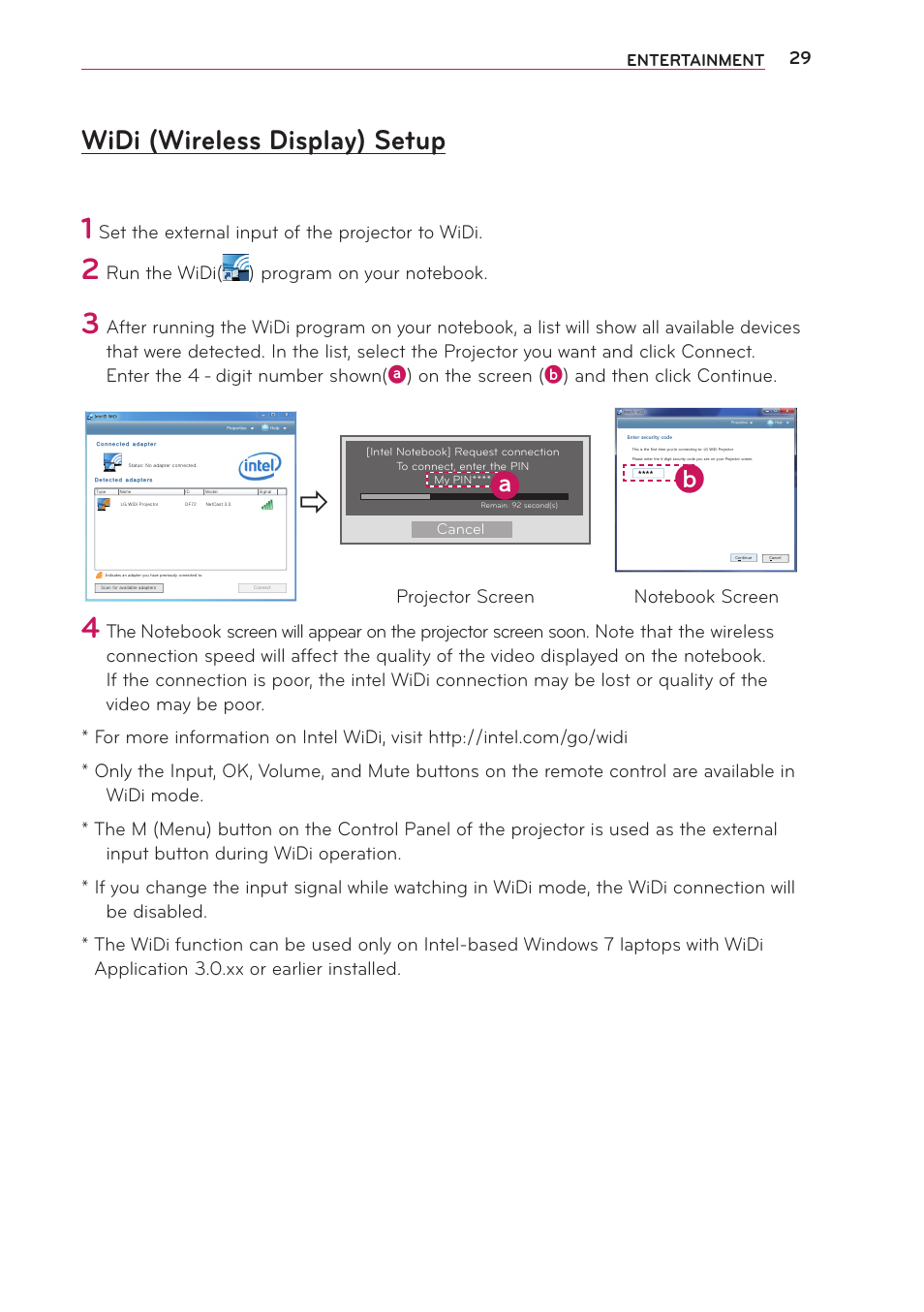 Widi (wireless display) setup, Set the external input of the projector to widi, Entertainment | LG PB63U User Manual | Page 29 / 68