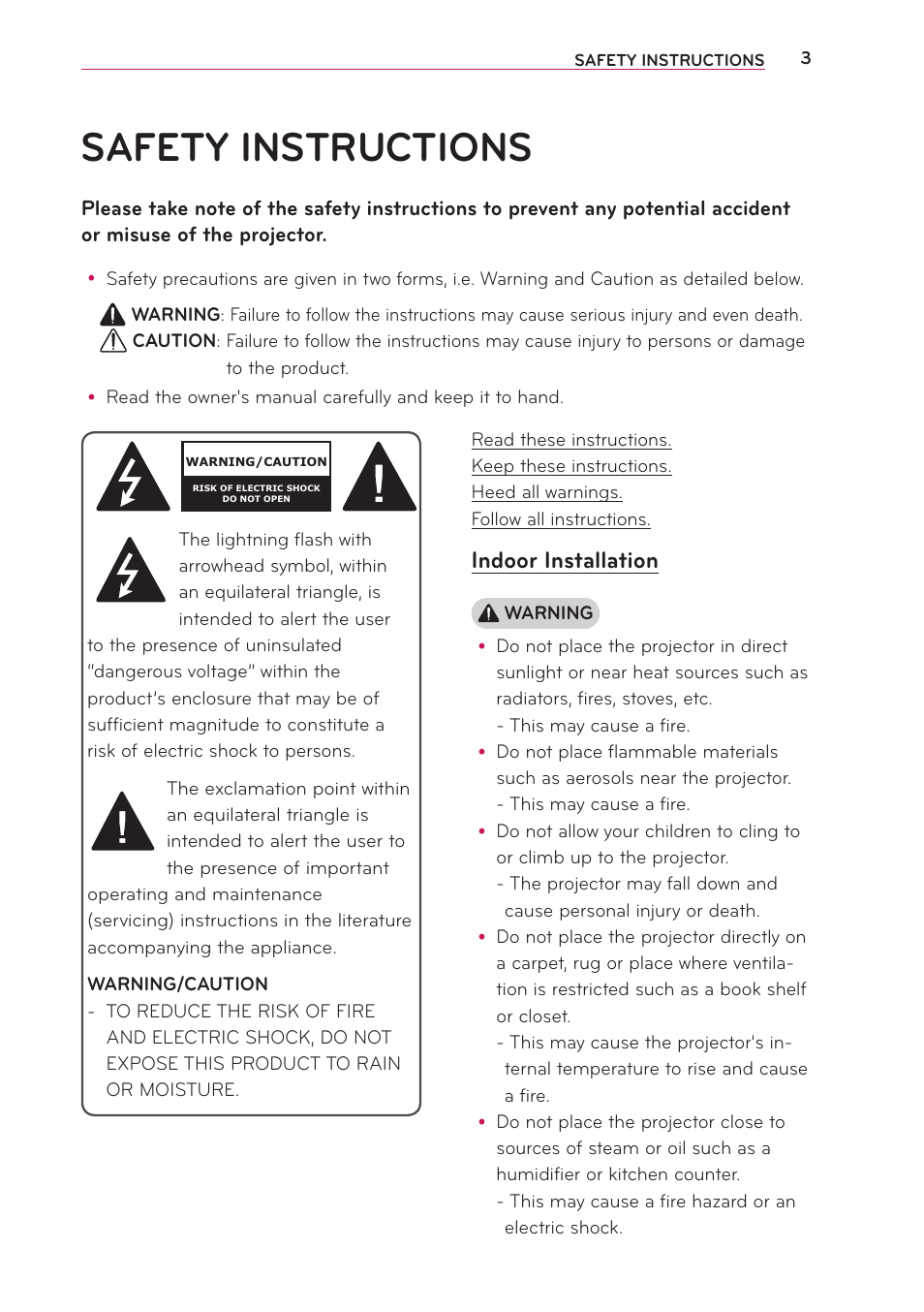 Safety instructions, Indoor installation | LG PB63U User Manual | Page 3 / 68