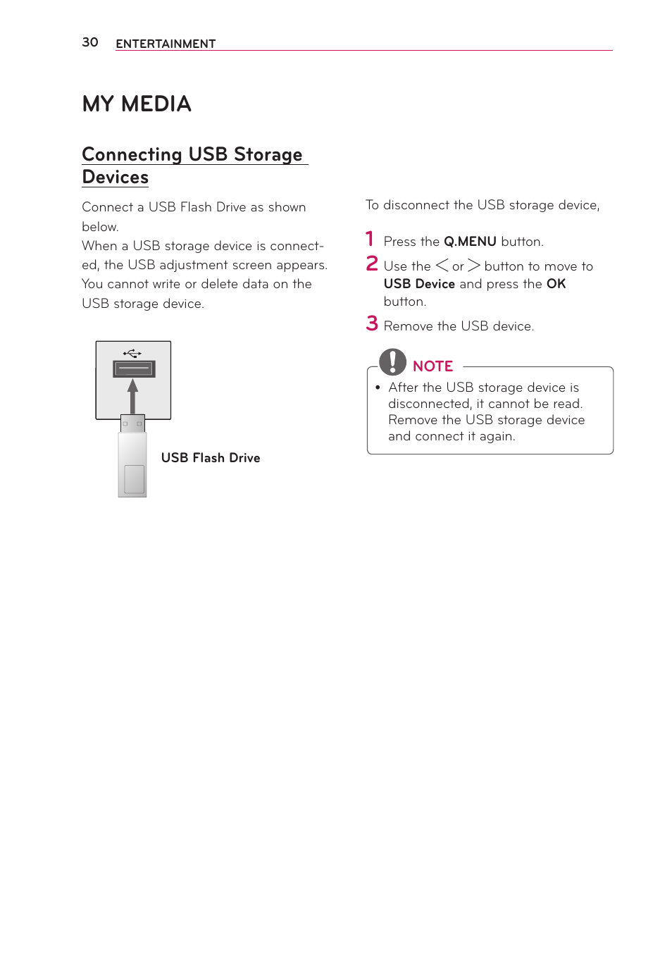 My media, Connecting usb storage devices, Connecting usb storage devices 30 | LG PB63U User Manual | Page 30 / 68