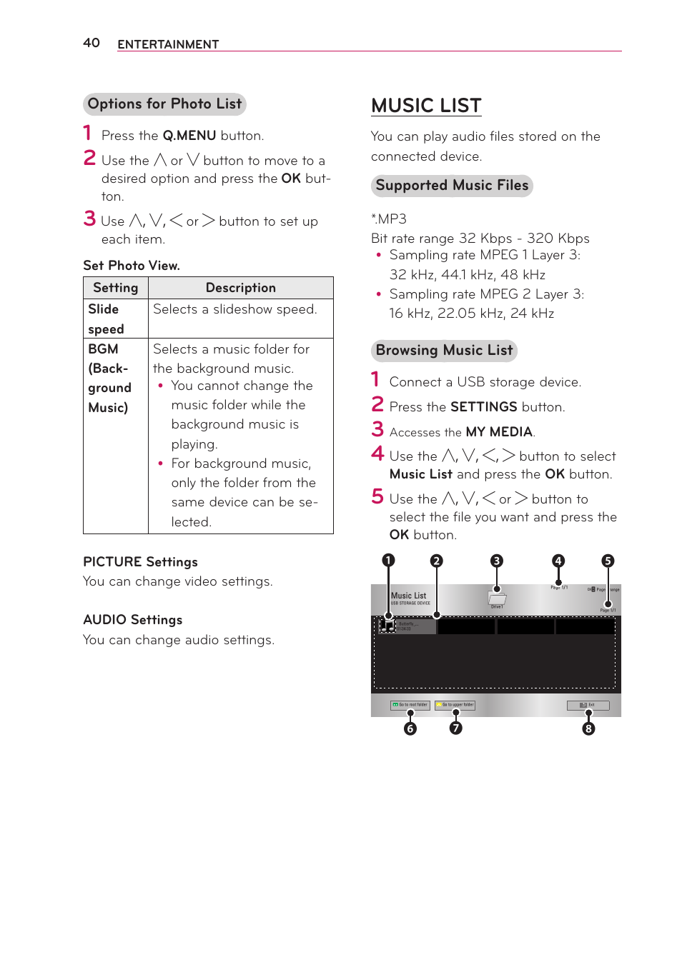 Music list, Options for photo list, Supported music files | Browsing music list | LG PB63U User Manual | Page 40 / 68