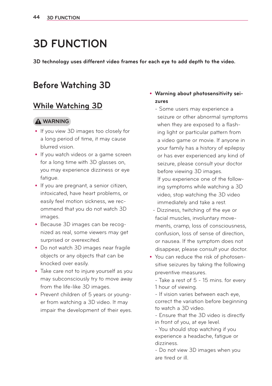 3d function, Before watching 3d, While watching 3d | LG PB63U User Manual | Page 44 / 68