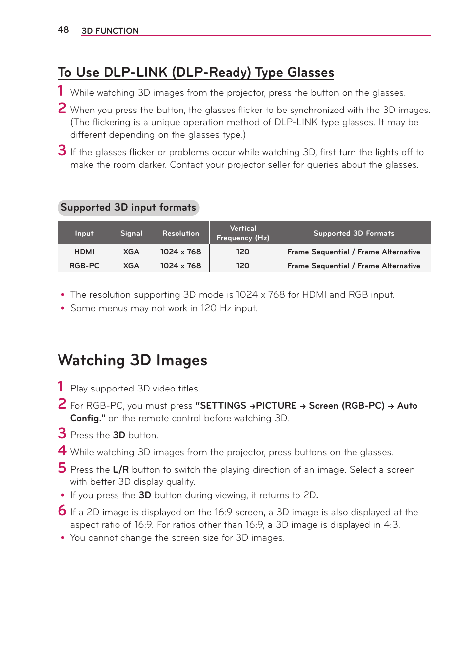 To use dlp-link (dlp-ready) type glasses, Watching 3d images, To use dlp-link (dlp-ready) type | Glasses | LG PB63U User Manual | Page 48 / 68