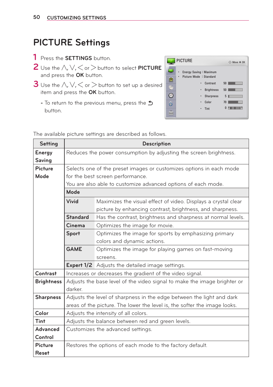 Picture settings | LG PB63U User Manual | Page 50 / 68