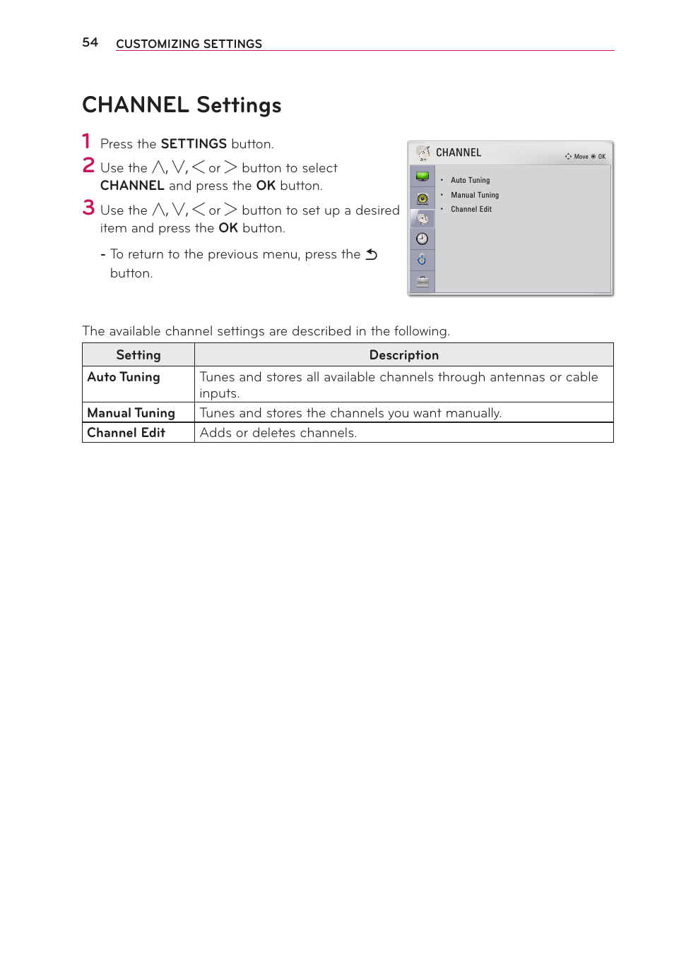 Channel settings | LG PB63U User Manual | Page 54 / 68