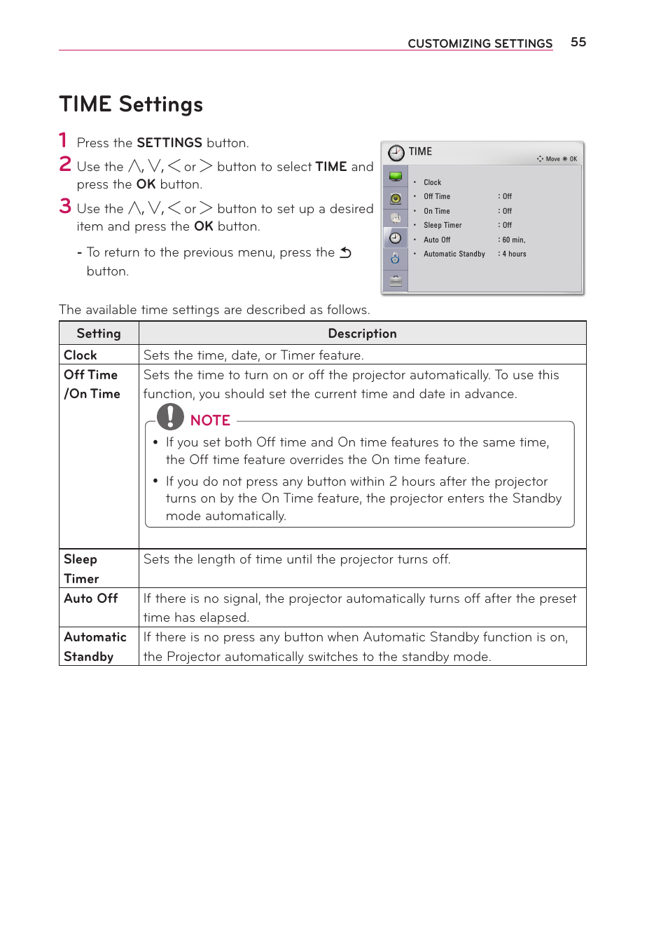 Time settings | LG PB63U User Manual | Page 55 / 68