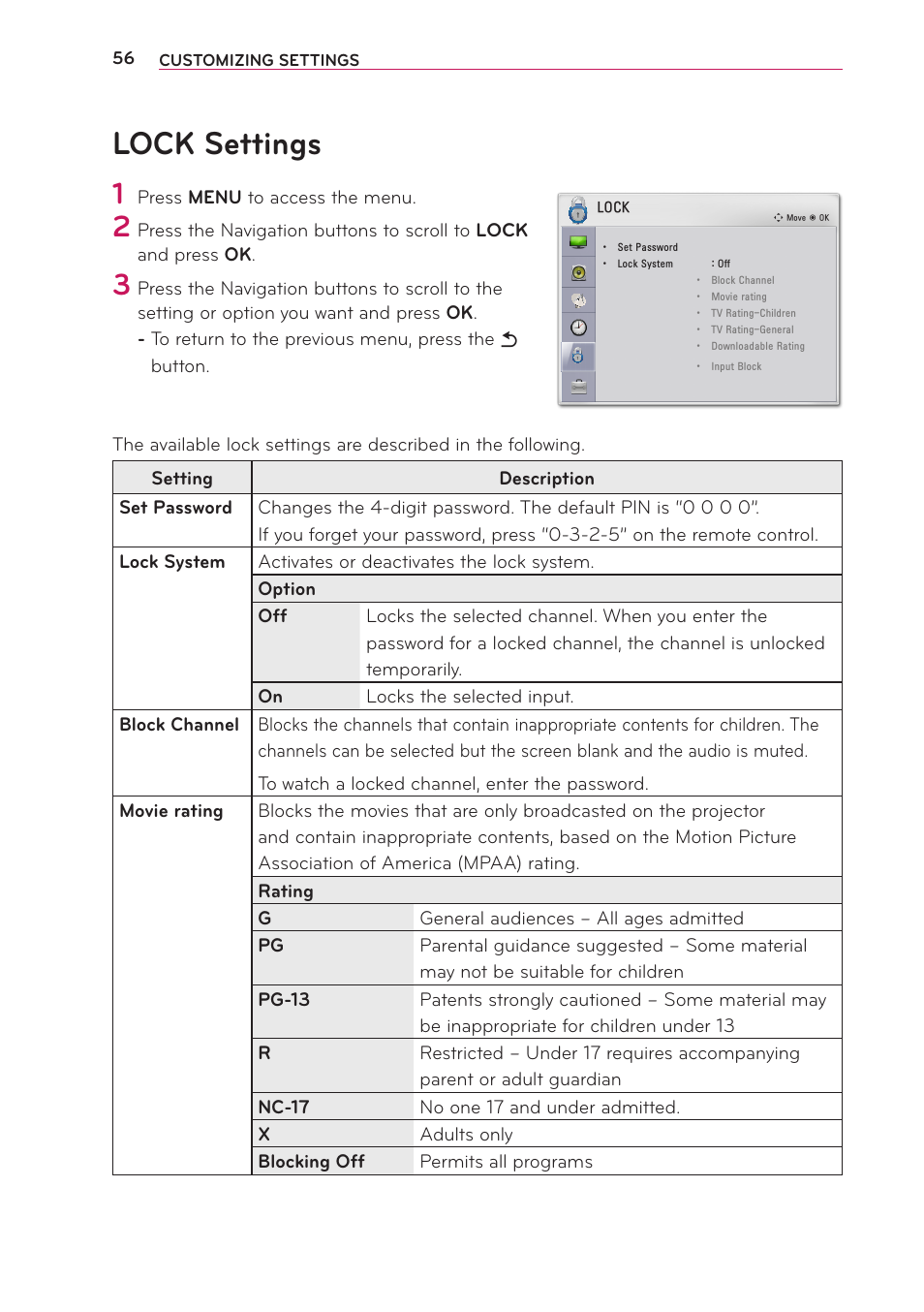 Lock settings | LG PB63U User Manual | Page 56 / 68