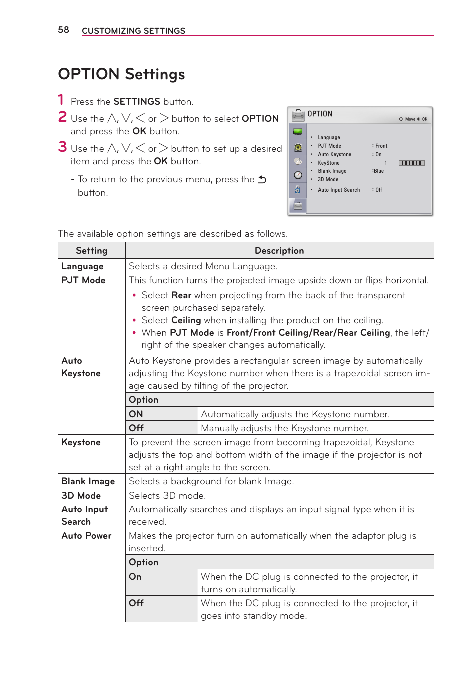 Option settings | LG PB63U User Manual | Page 58 / 68