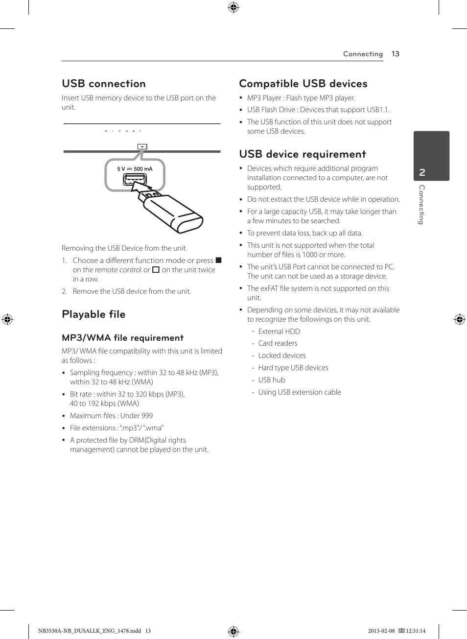Usb connection, Playable file, Compatible usb devices | Usb device requirement, Mp3/wma file requirement | LG NB3530A User Manual | Page 13 / 24