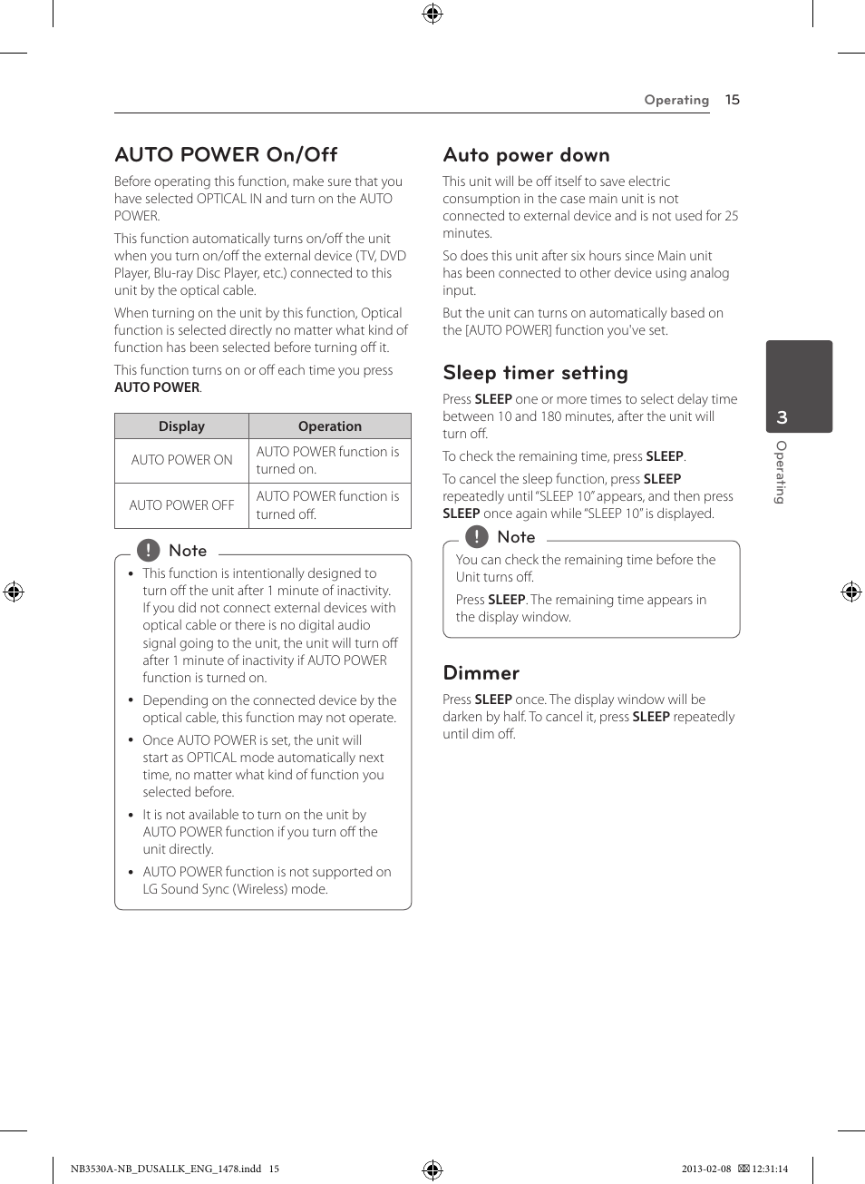 Auto power on/off, Auto power down, Sleep timer setting | Dimmer | LG NB3530A User Manual | Page 15 / 24