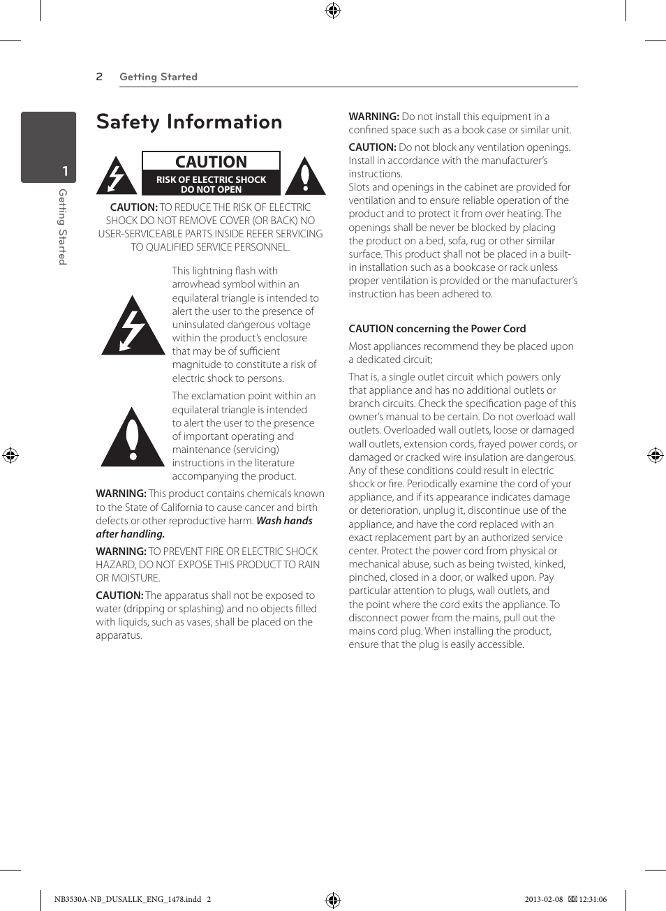 Safety information, Caution | LG NB3530A User Manual | Page 2 / 24