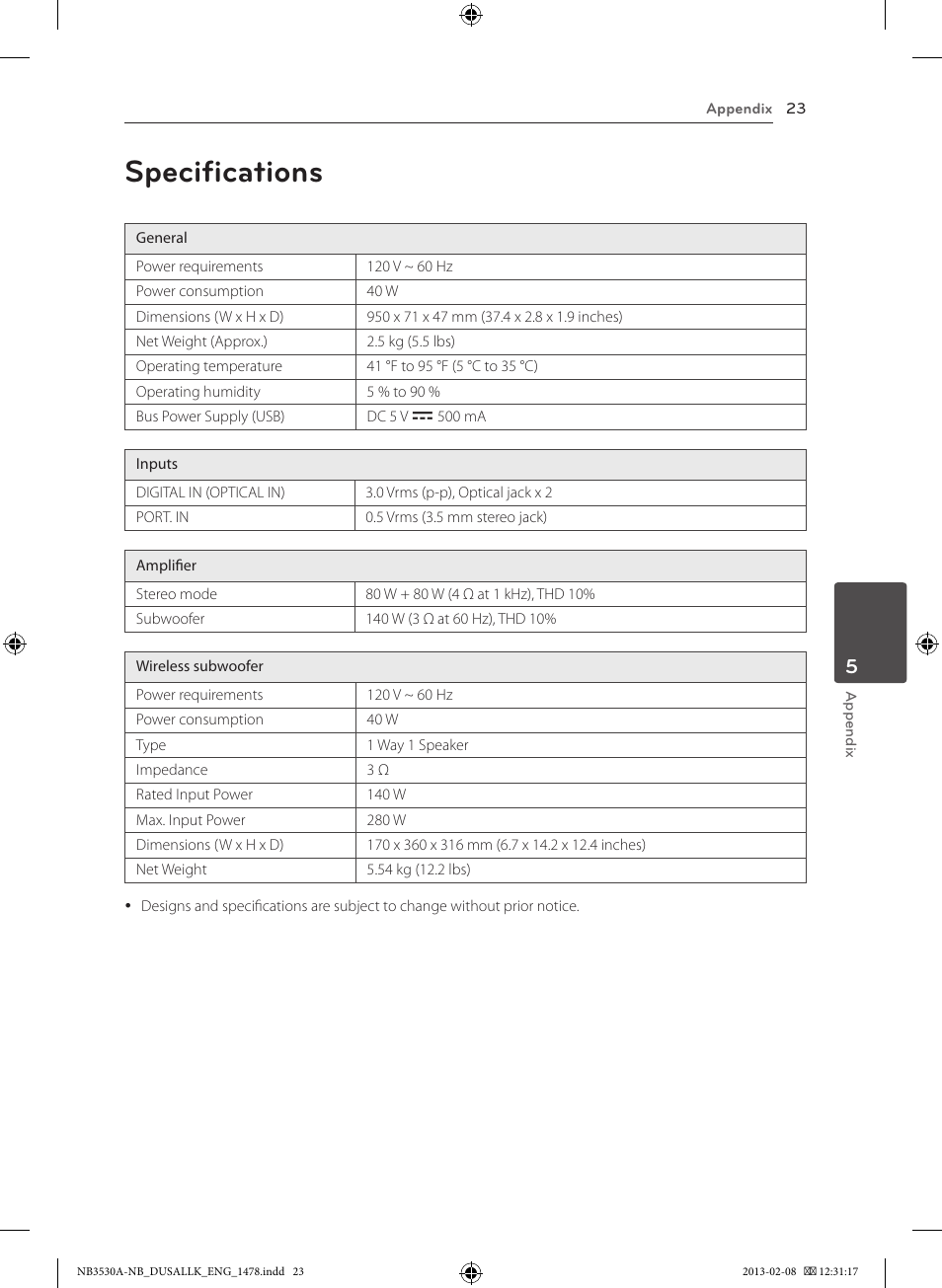 Specifications | LG NB3530A User Manual | Page 23 / 24