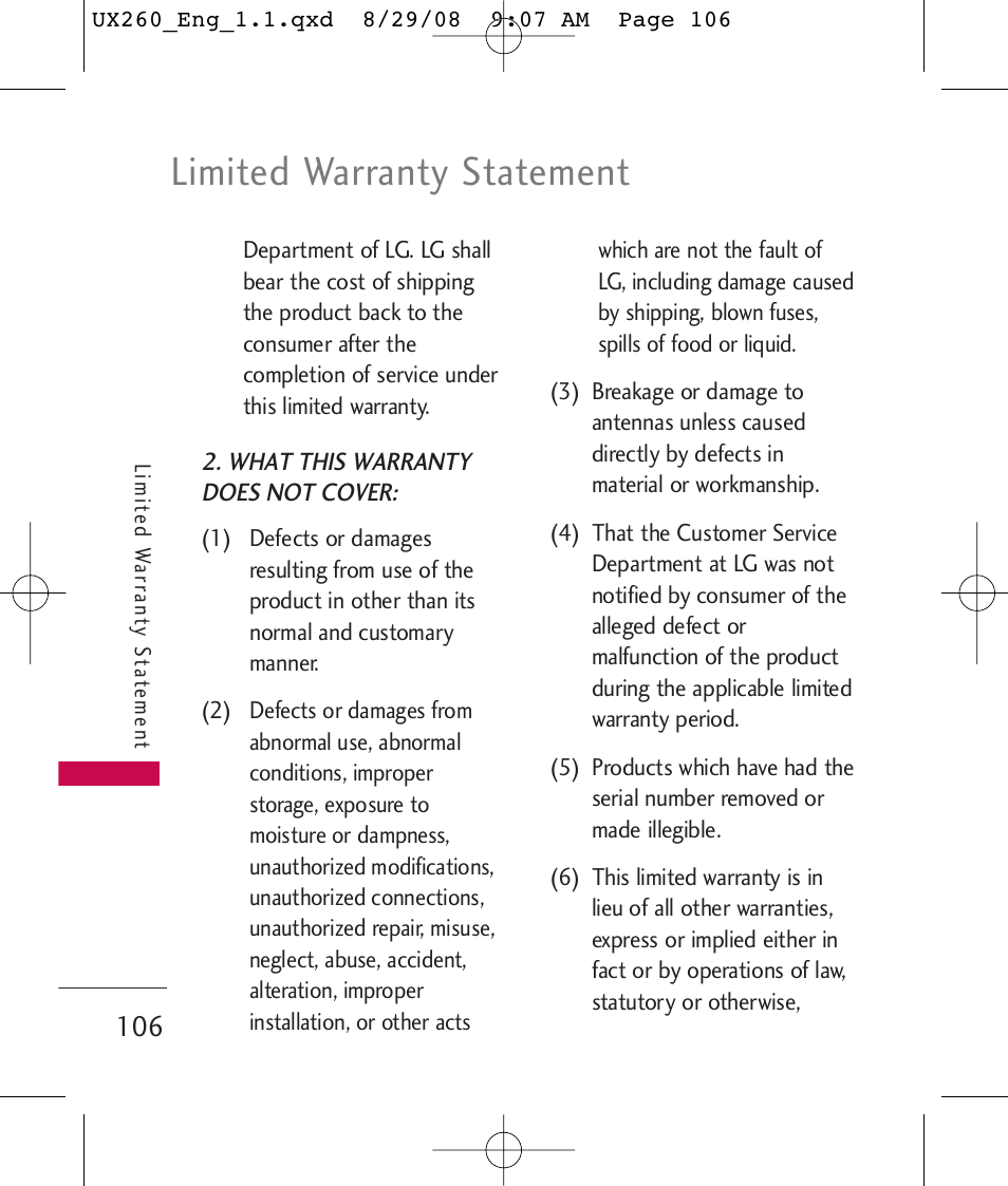 Limited warranty statement | LG LGUX260PW User Manual | Page 108 / 231