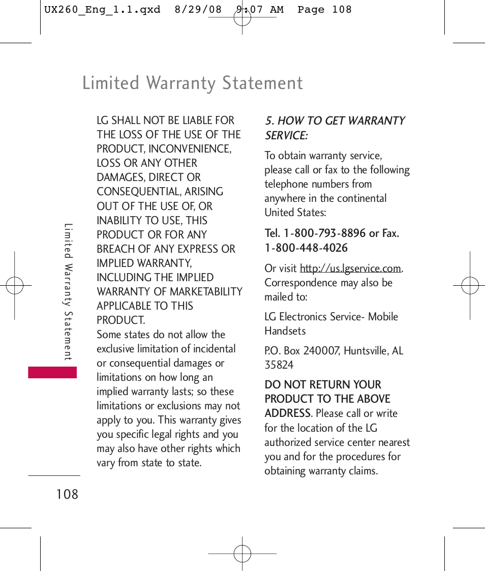 Limited warranty statement | LG LGUX260PW User Manual | Page 110 / 231