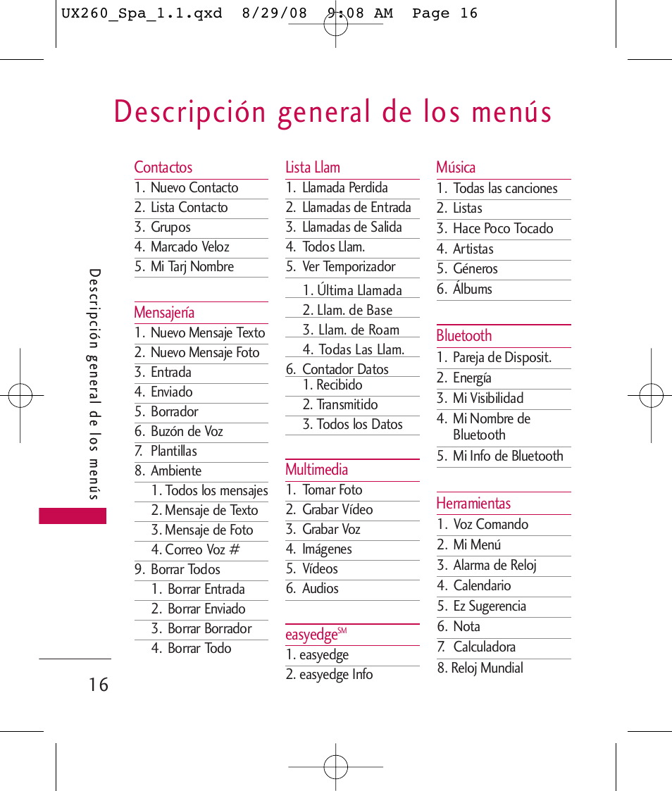 Descripción general de los menús | LG LGUX260PW User Manual | Page 129 / 231