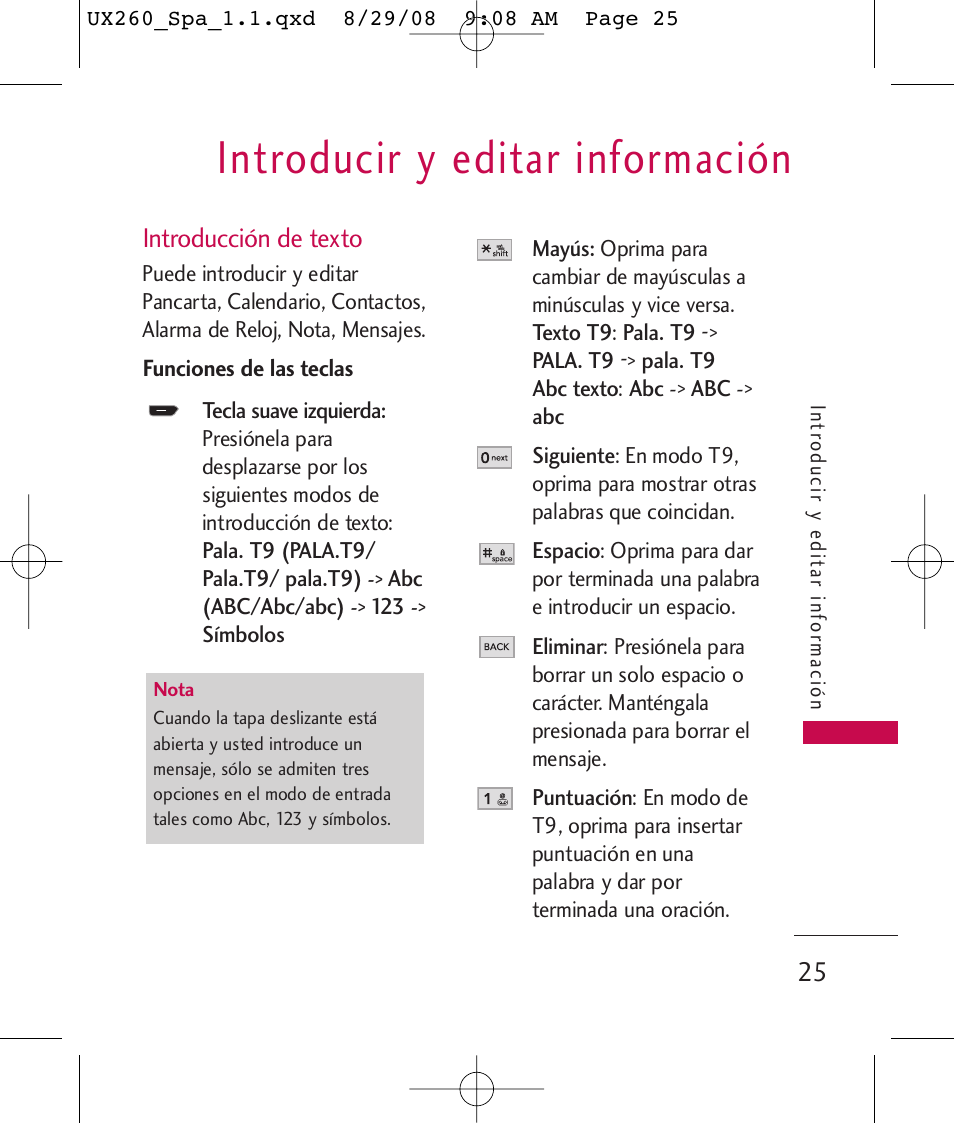 Introducir y editar información, Introducción de texto | LG LGUX260PW User Manual | Page 138 / 231