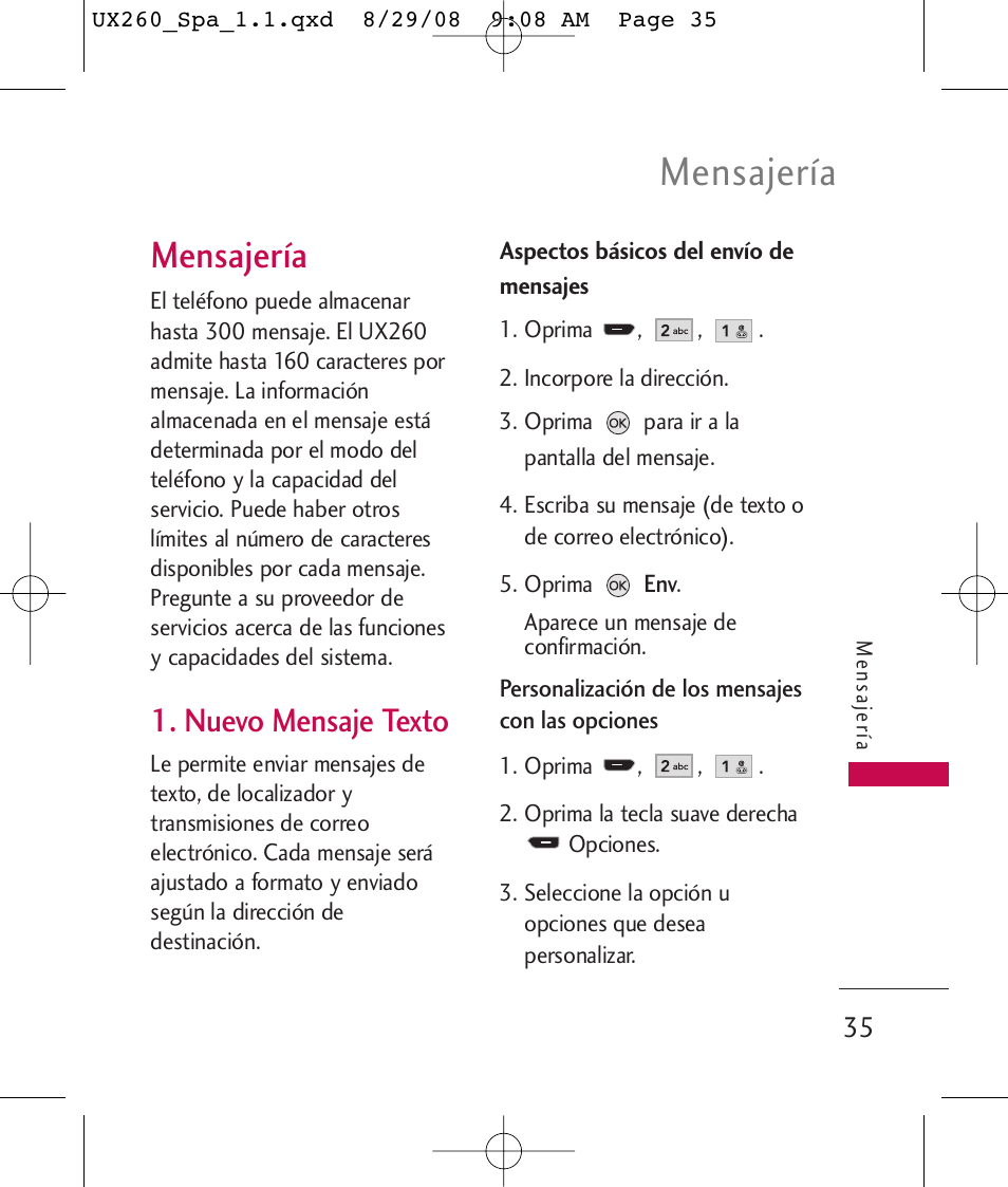 Mensajería, Nuevo mensaje texto | LG LGUX260PW User Manual | Page 148 / 231