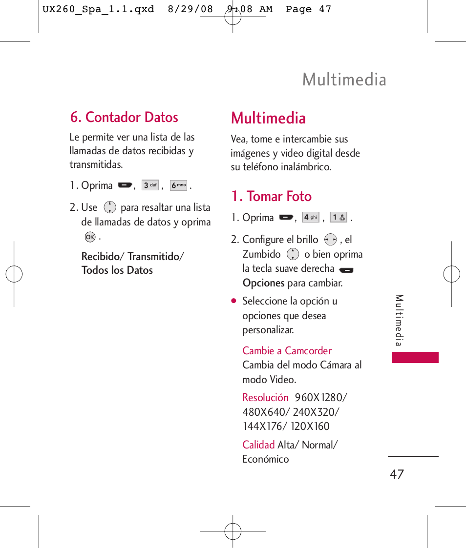 Multimedia, Contador datos, Tomar foto | LG LGUX260PW User Manual | Page 160 / 231