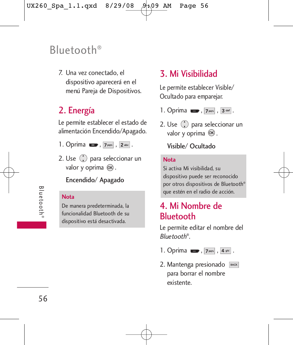 Bluetooth, Energía, Mi visibilidad | Mi nombre de bluetooth | LG LGUX260PW User Manual | Page 169 / 231