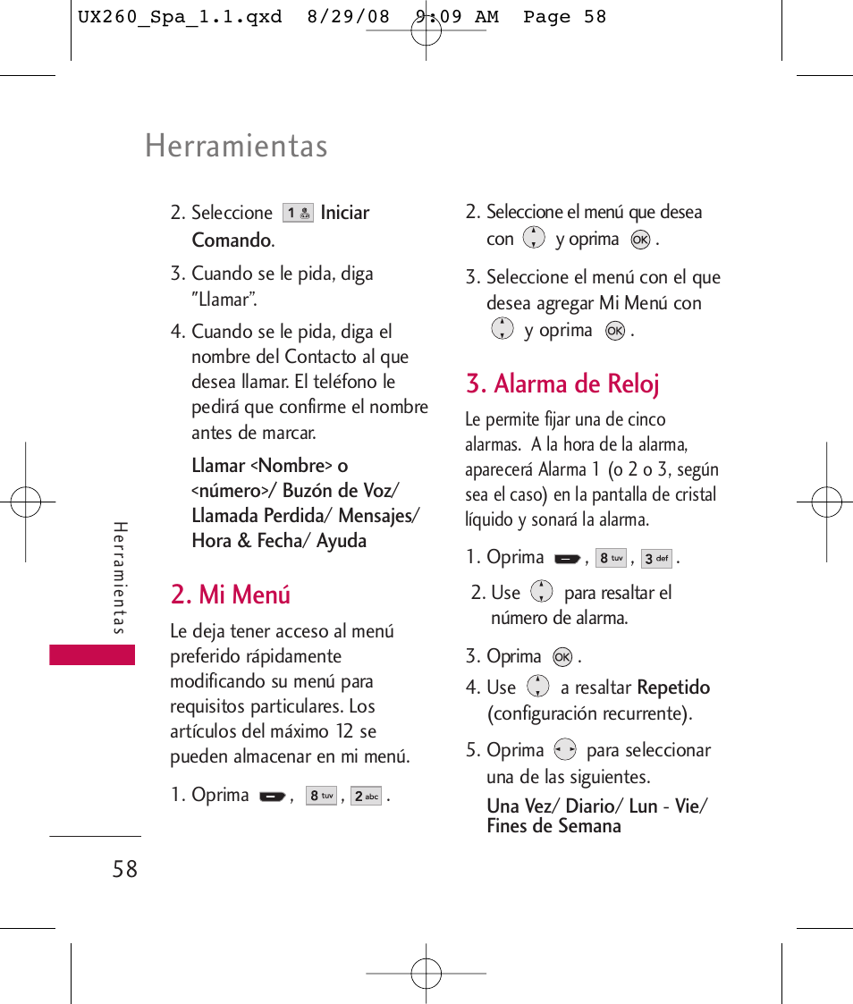 Herramientas, Mi menú, Alarma de reloj | LG LGUX260PW User Manual | Page 171 / 231