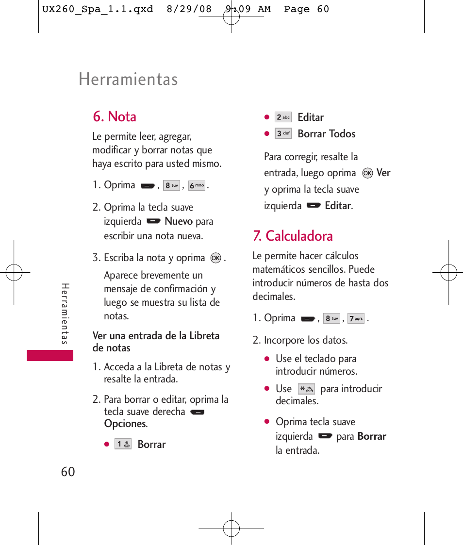 Herramientas, Nota, Calculadora | LG LGUX260PW User Manual | Page 173 / 231