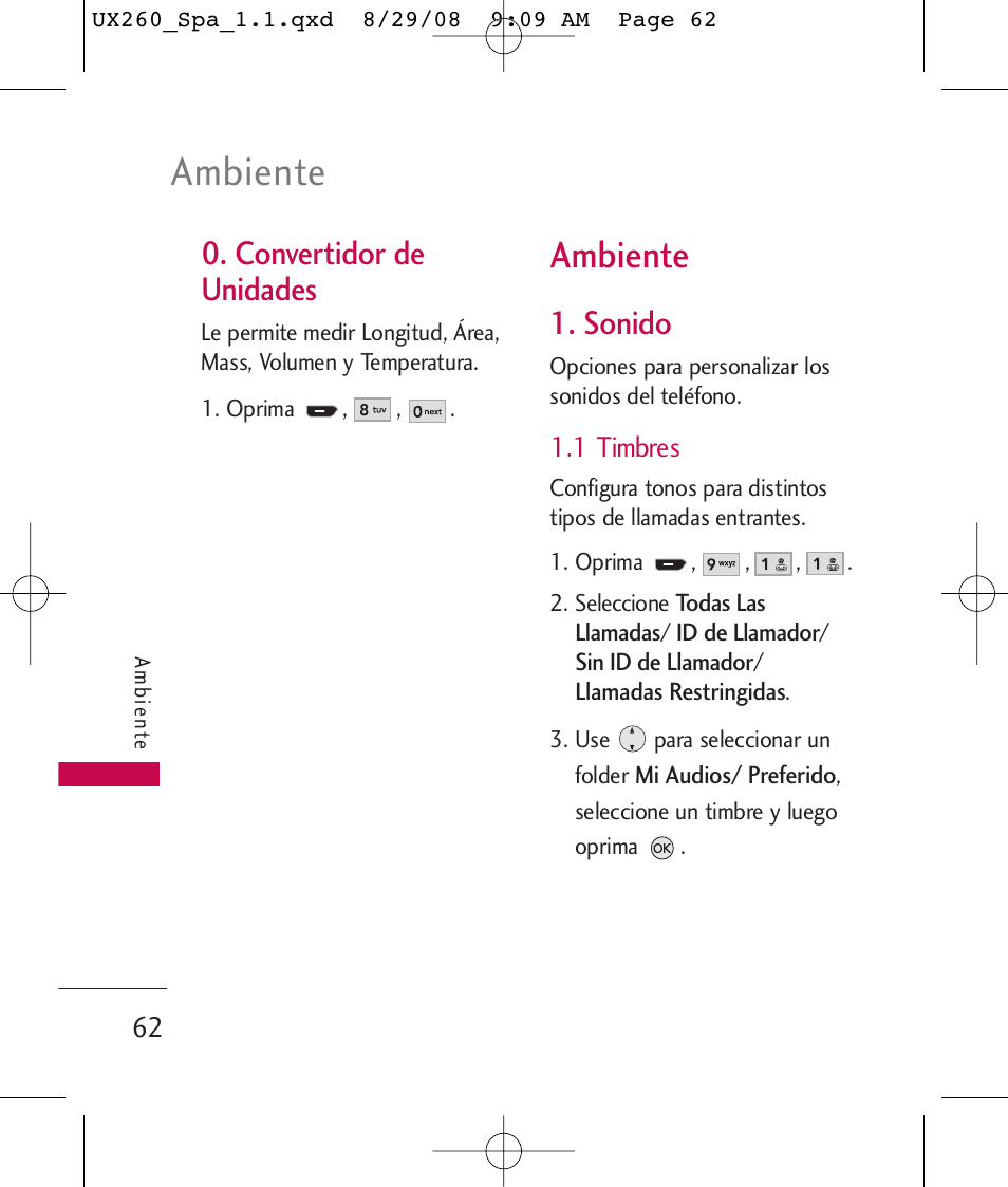 Ambiente, Convertidor de unidades, Sonido | LG LGUX260PW User Manual | Page 175 / 231