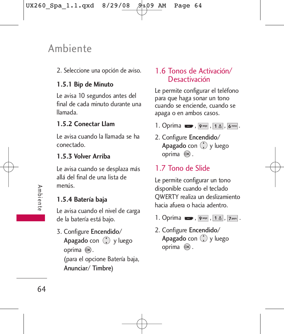 Ambiente, 6 tonos de activación/ desactivación, 7 tono de slide | LG LGUX260PW User Manual | Page 177 / 231