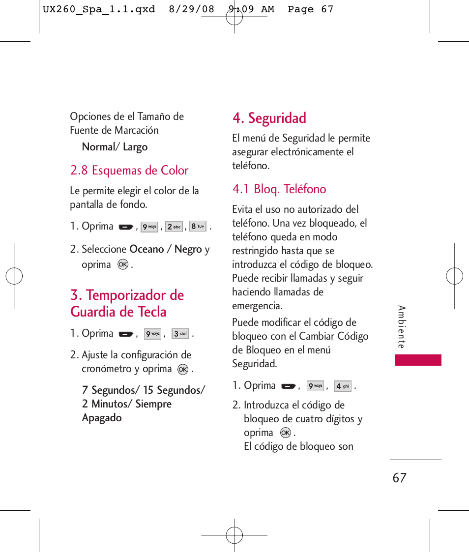 Temporizador de guardia de tecla, Seguridad, 8 esquemas de color | 1 bloq. teléfono | LG LGUX260PW User Manual | Page 180 / 231