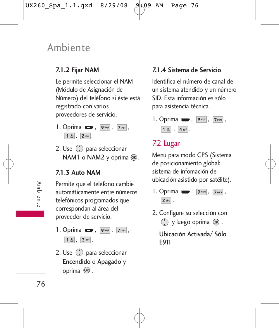 Ambiente, 2 lugar | LG LGUX260PW User Manual | Page 189 / 231