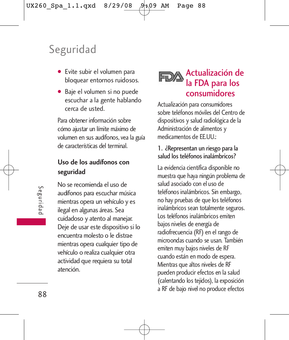 Seguridad, Actualización de la fda para los consumidores | LG LGUX260PW User Manual | Page 201 / 231