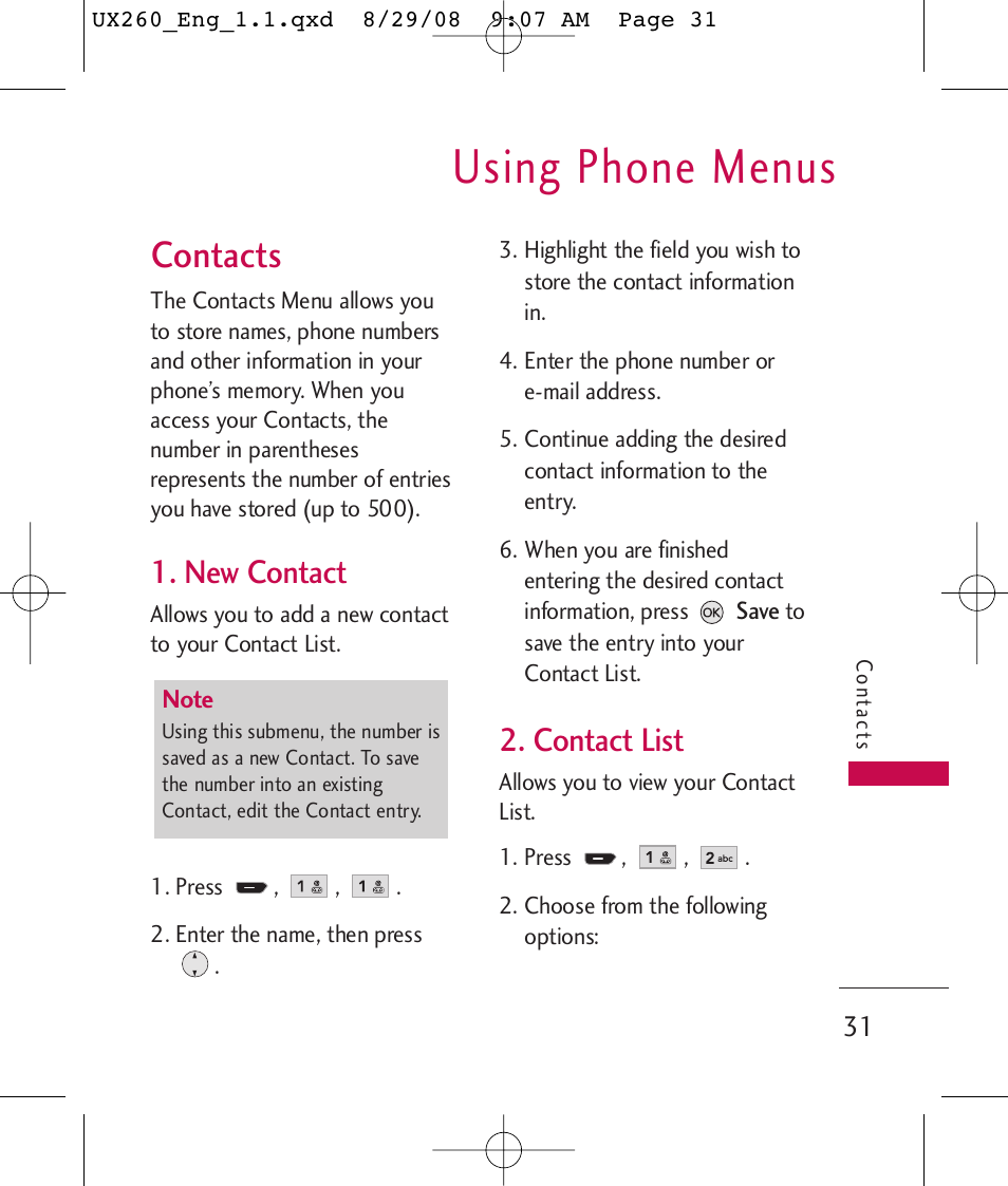 Using phone menus, Contacts, New contact | Contact list | LG LGUX260PW User Manual | Page 33 / 231