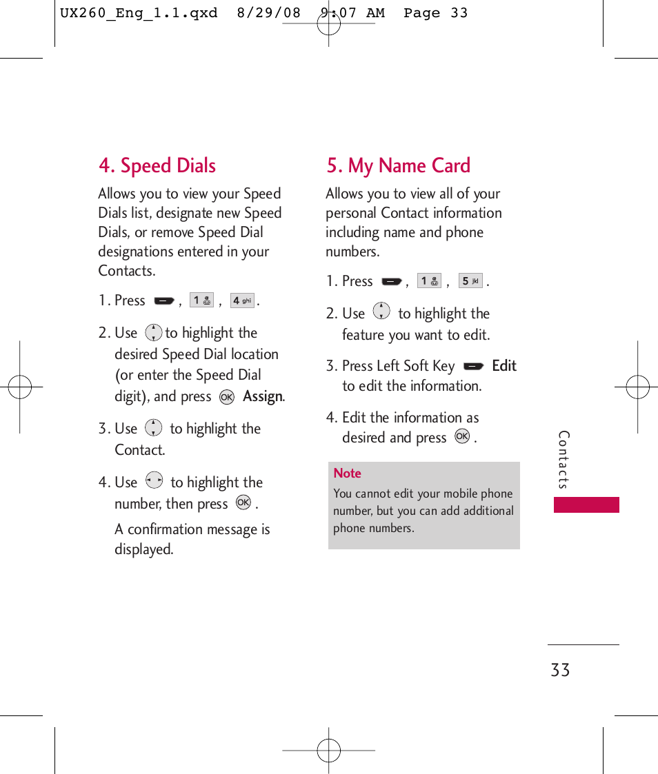 Speed dials, My name card | LG LGUX260PW User Manual | Page 35 / 231