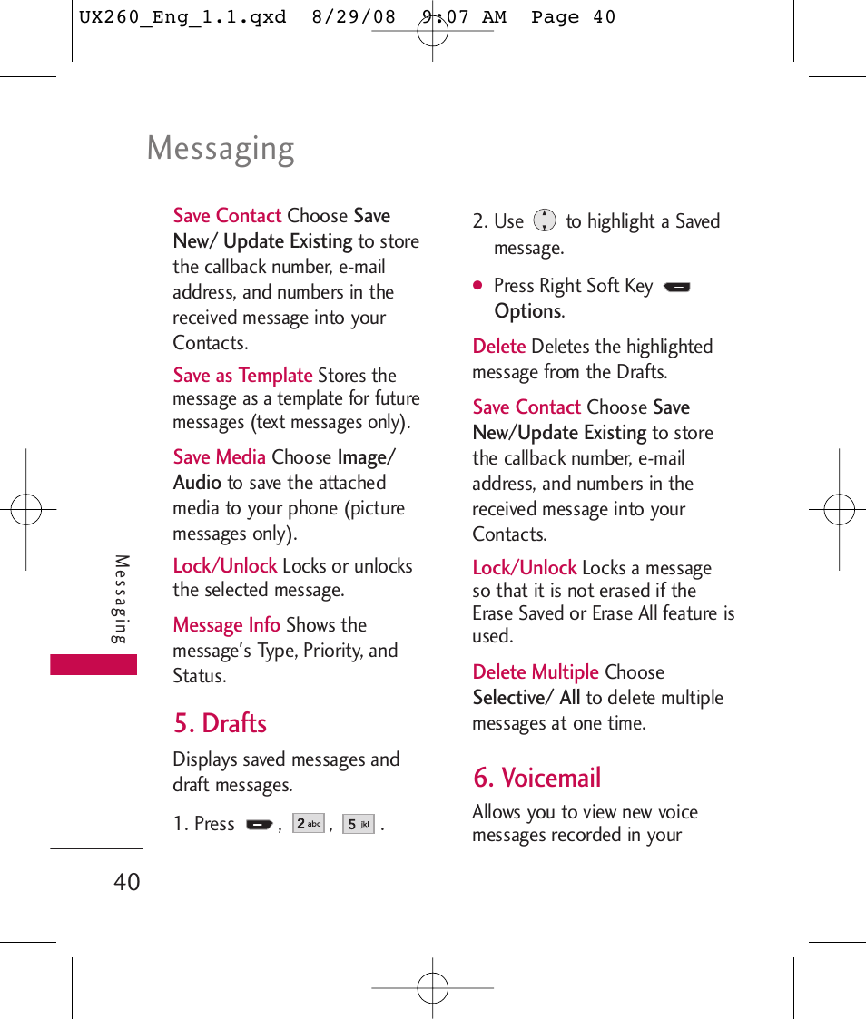 Messaging, Drafts, Voicemail | LG LGUX260PW User Manual | Page 42 / 231