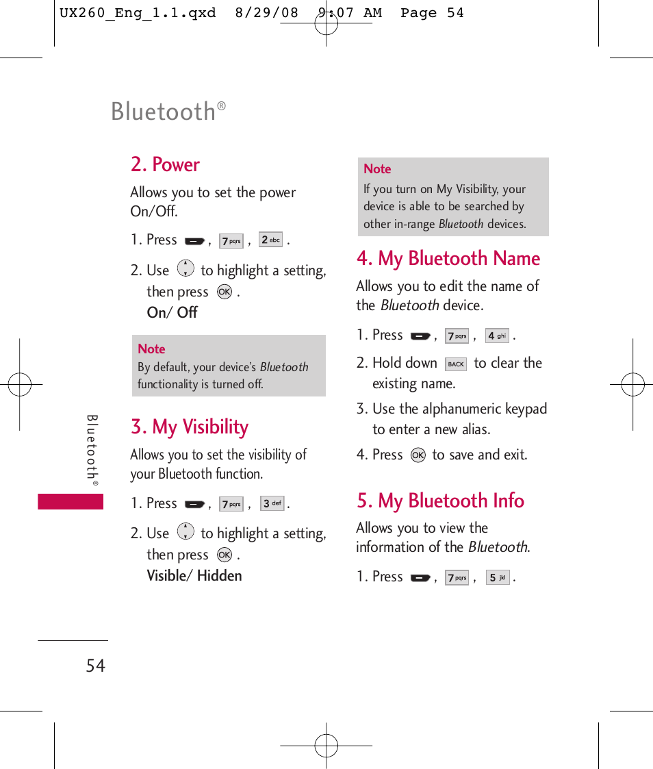 Bluetooth, Power, My visibility | My bluetooth name, My bluetooth info | LG LGUX260PW User Manual | Page 56 / 231