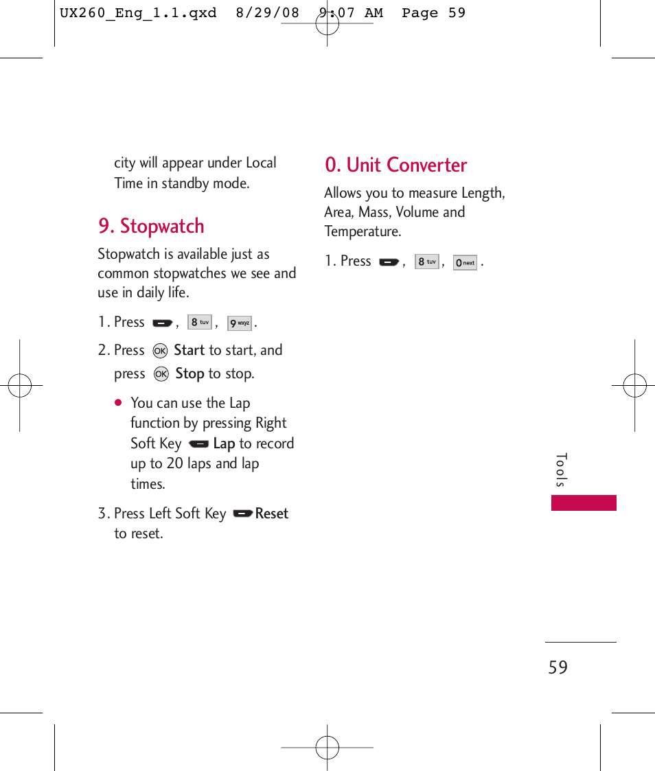 Stopwatch, Unit converter | LG LGUX260PW User Manual | Page 61 / 231