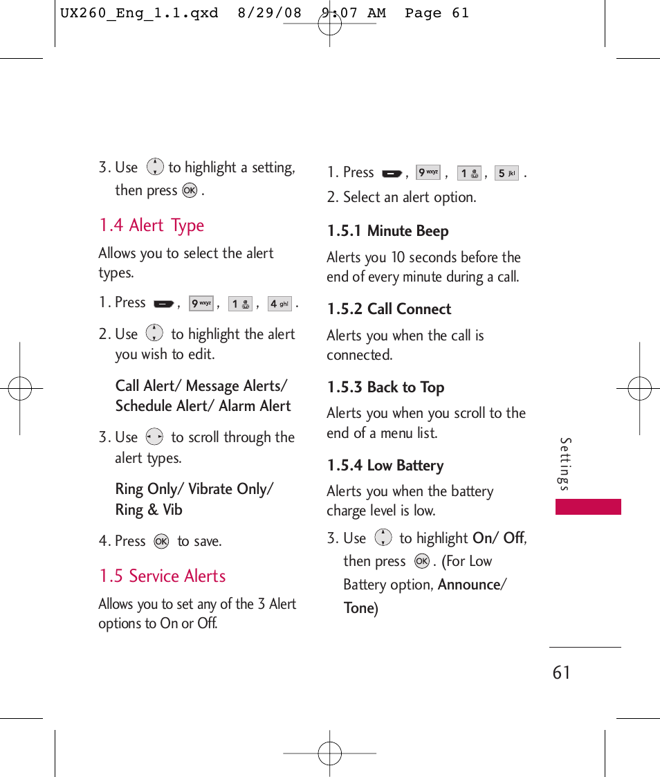 4 alert type, 5 service alerts | LG LGUX260PW User Manual | Page 63 / 231